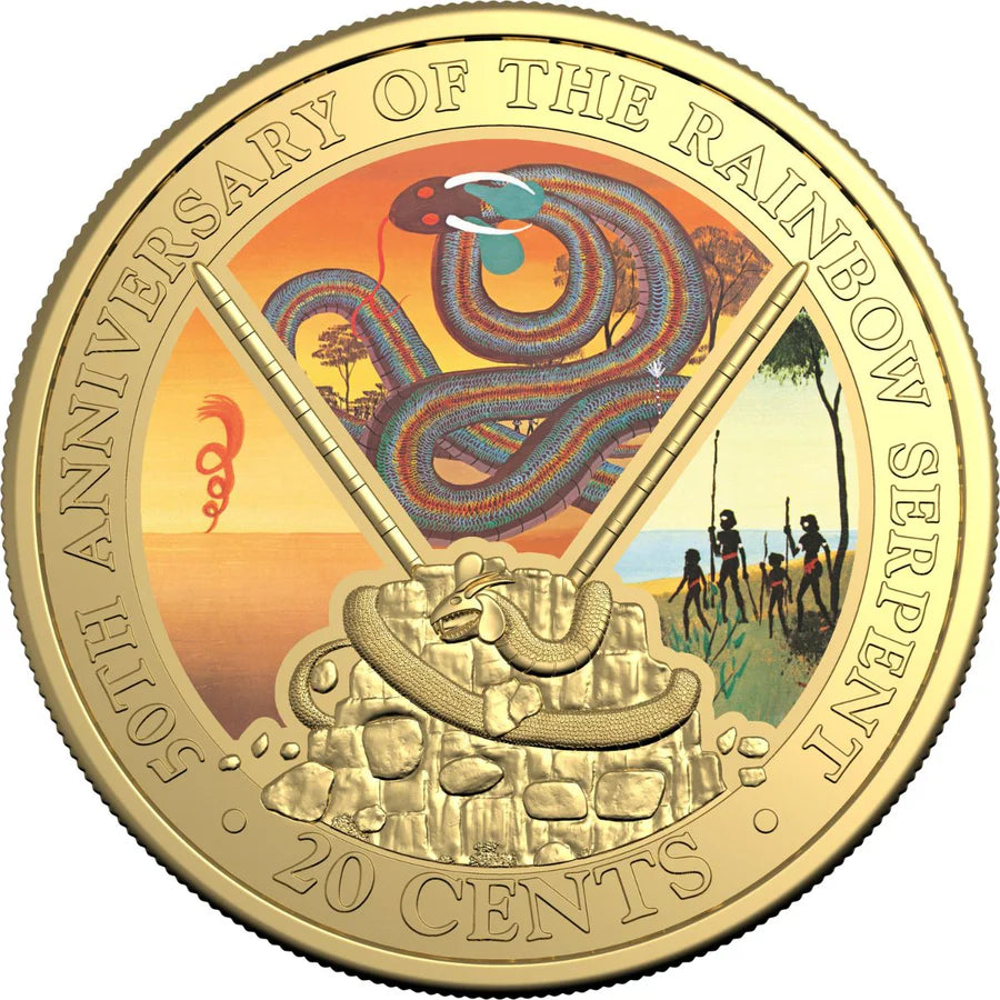 The Rainbow Serpent 50th Anniversary 2025 20c Gold-plated Colour Uncirculated Coin & Deluxe Special Edition Book
