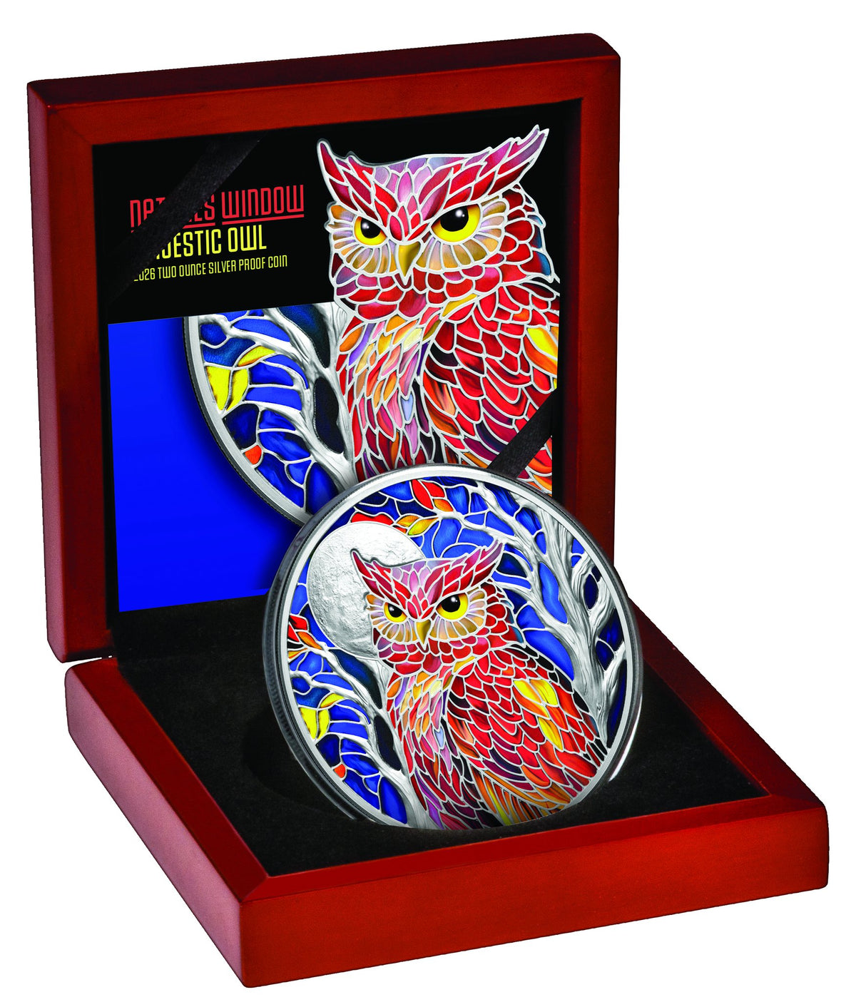 Nature's Window Majestic Owl 2026 $5 2oz Silver Proof Coin - open timber presentation case