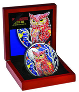 Nature's Window Majestic Owl 2026 $5 2oz Silver Proof Coin - open timber presentation case
