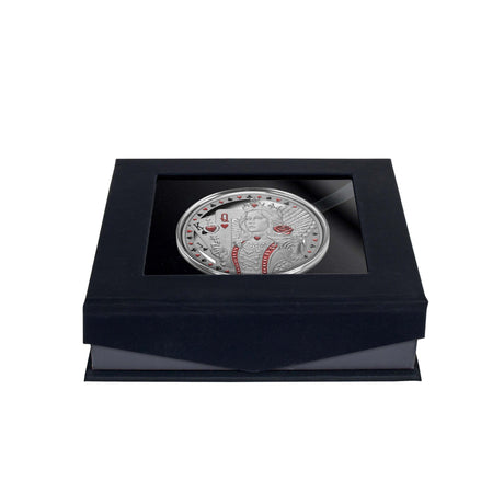Queen of Hearts 2026 $1 1oz Silver Proof Coin - presentation box front open and closed