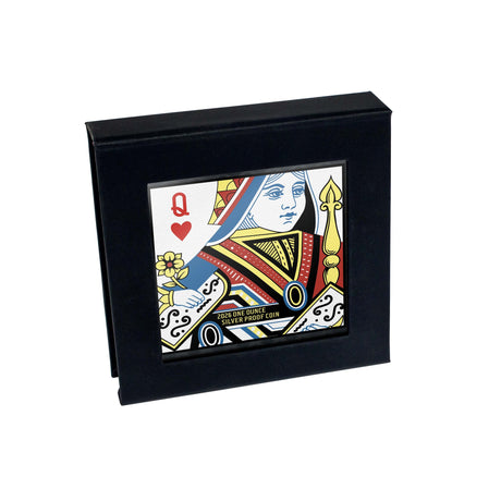 Queen of Hearts 2026 $1 1oz Silver Proof Coin - presentation box closed standing