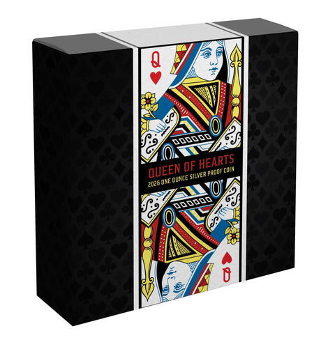 Queen of Hearts 2026 $1 1oz Silver Proof Coin - coin and outer packaging left view