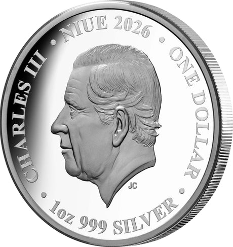 Queen of Hearts 2026 $1 1oz Silver Proof Coin - obverse featuring King Charles III effigy