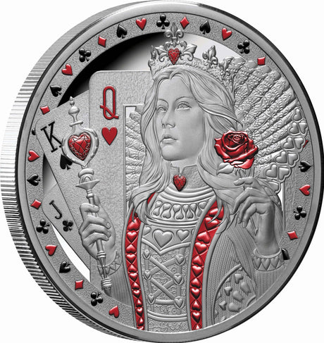Queen of Hearts 2026 $1 1oz Silver Proof Coin - reverse left view showing full-colour Queen design