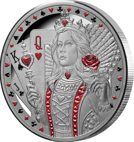 Queen of Hearts 2026 $1 1oz Silver Proof Coin - reverse right view showing four card suit symbols