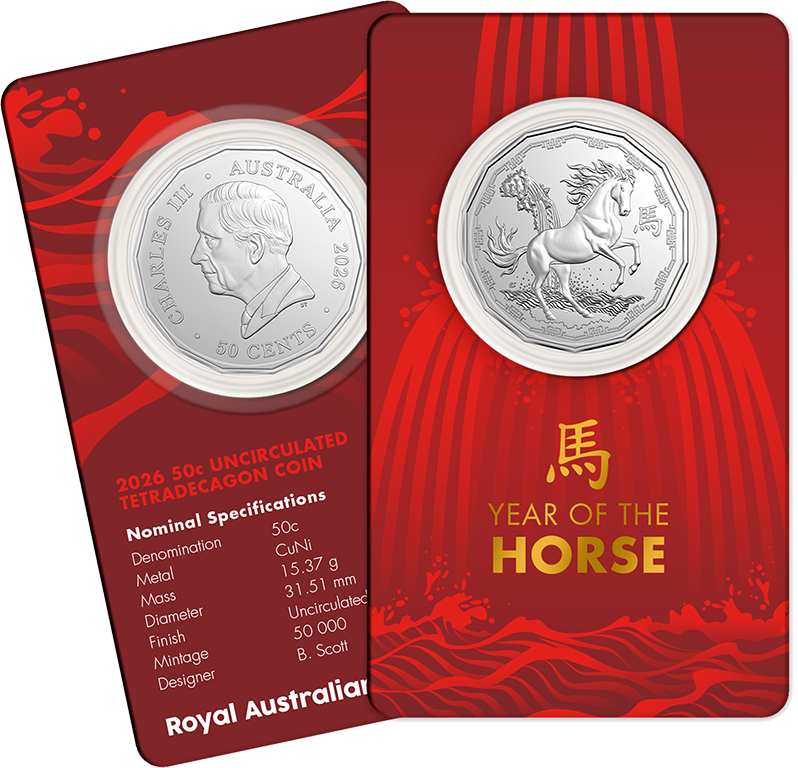 Lunar Series Year of the Horse 2026 50c Tetradecagon Unc Coin Card