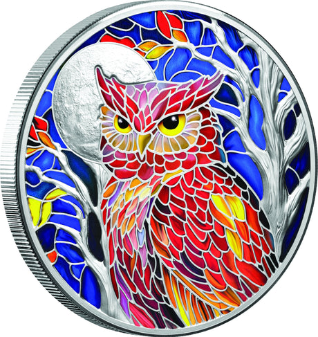 "Nature's Window Majestic Owl 2026 $5 2oz Silver Proof Coin - reverse left view showing vivid stained-glass owl design"