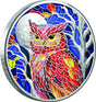 "Nature's Window Majestic Owl 2026 $5 2oz Silver Proof Coin - reverse left view showing vivid stained-glass owl design"