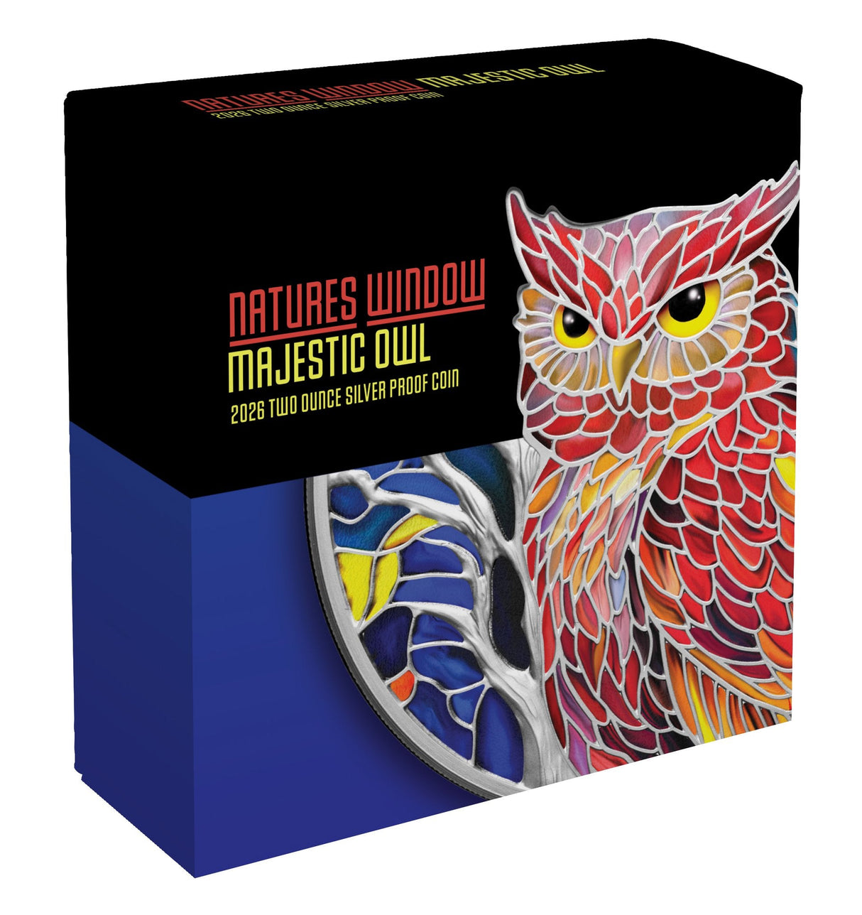 "Nature's Window Majestic Owl 2026 $5 2oz Silver Proof Coin - timber presentation case outer"