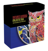 "Nature's Window Majestic Owl 2026 $5 2oz Silver Proof Coin - timber presentation case outer"