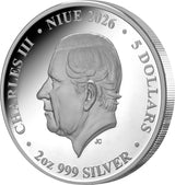 "Nature's Window Majestic Owl 2026 $5 2oz Silver Proof Coin - obverse featuring King Charles III effigy"