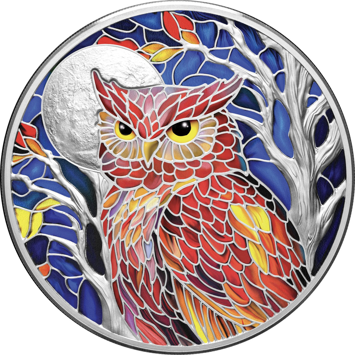 "Nature's Window Majestic Owl 2026 $5 2oz Silver Proof Coin - full reverse showing full-colour owl against moonlit forest"