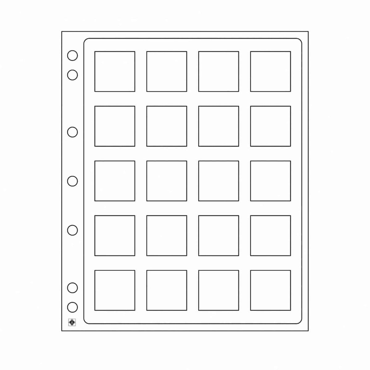 "Plastic Sheets ENCAP, clear pockets for 20 square Coin Capsules QUADRUM 50 x 50mm - Nova Coins"