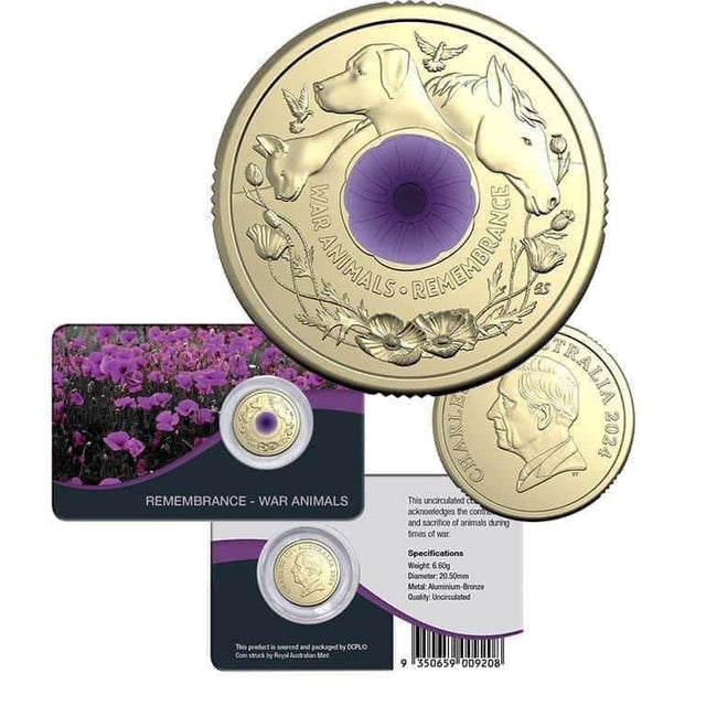 "2024 $2 War Animals Remembrance Uncirculated Coin in Card - Purple poppy - Nova Coins"