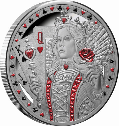 "Queen of Hearts 2026 $1 1oz Silver Proof Coin - reverse left view showing full-colour Queen design"