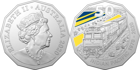 "Silver coin with Queen Elizabeth II portrait on one side and train illustration on the other, featuring 'Indian Pacific'."