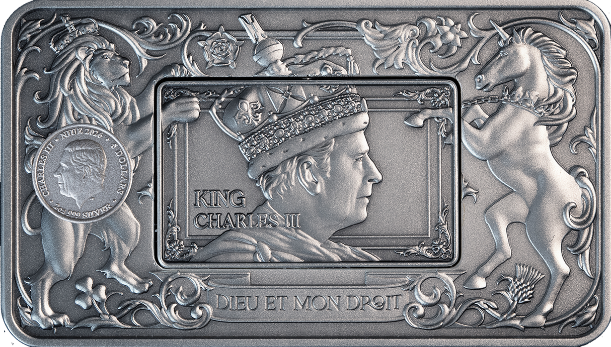 Elizabeth II & Charles III 2026 $5 Revolving Rectangle Gold-plated 2oz Silver Antique Coin