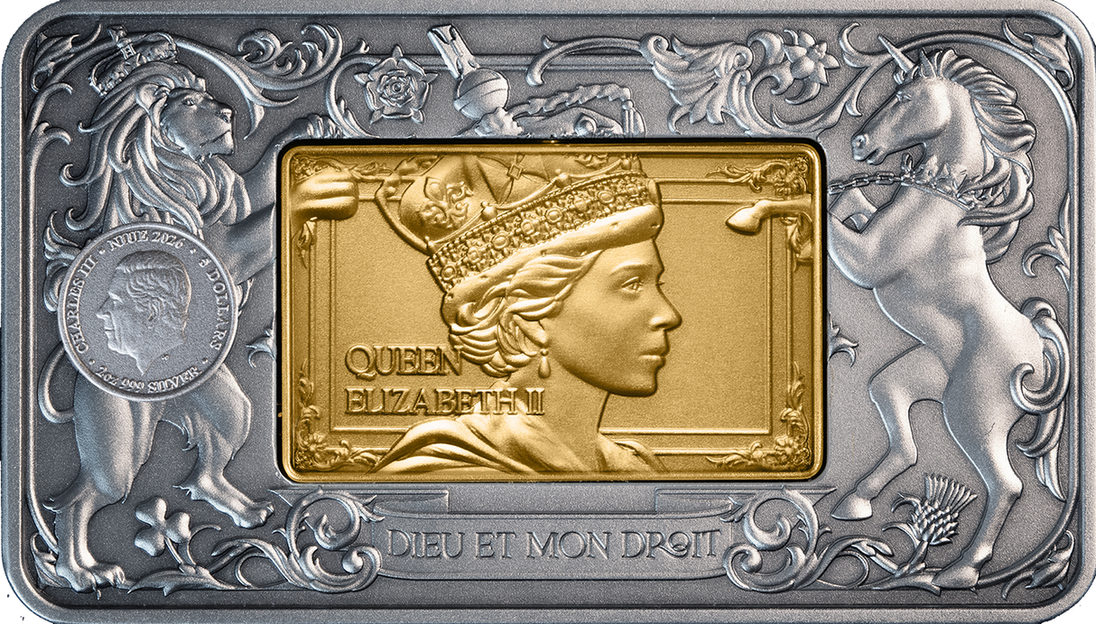 Elizabeth II & Charles III 2026 $5 Revolving Rectangle Gold-plated 2oz Silver Antique Coin