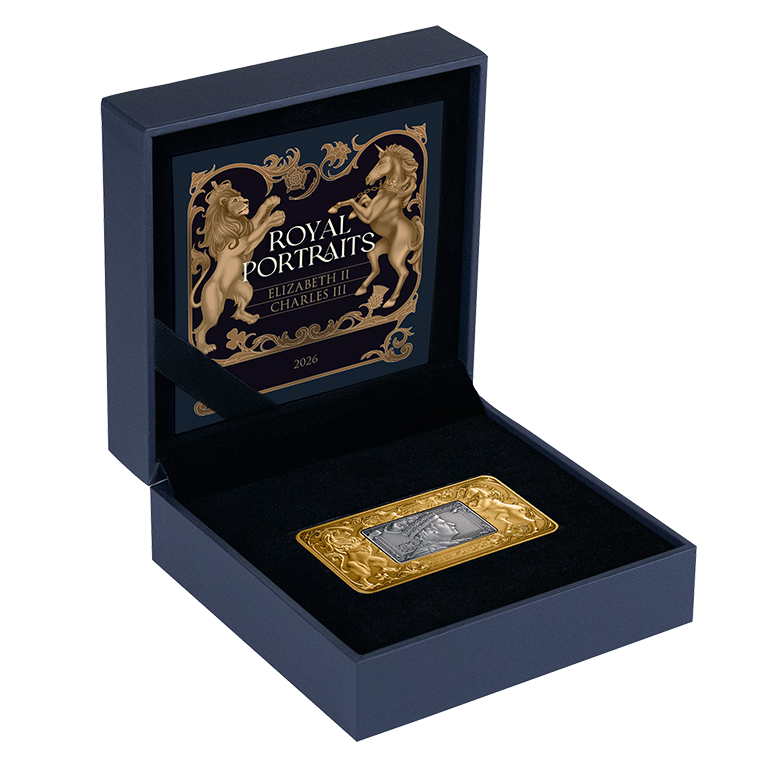 Elizabeth II & Charles III 2026 $5 Revolving Rectangle Gold-plated 2oz Silver Antique Coin