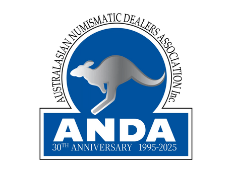 Logo of Australasian Numismatic Dealers Association (ANDA) with a kangaroo on a blue background
