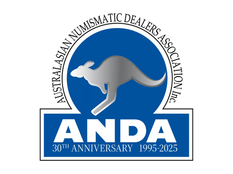 Logo of Australasian Numismatic Dealers Association (ANDA) with a kangaroo on a blue background