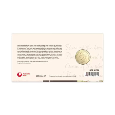 Dorothea Mackellar – Colours of Light 2025 50c Postal Numismatic Cover (PNC)