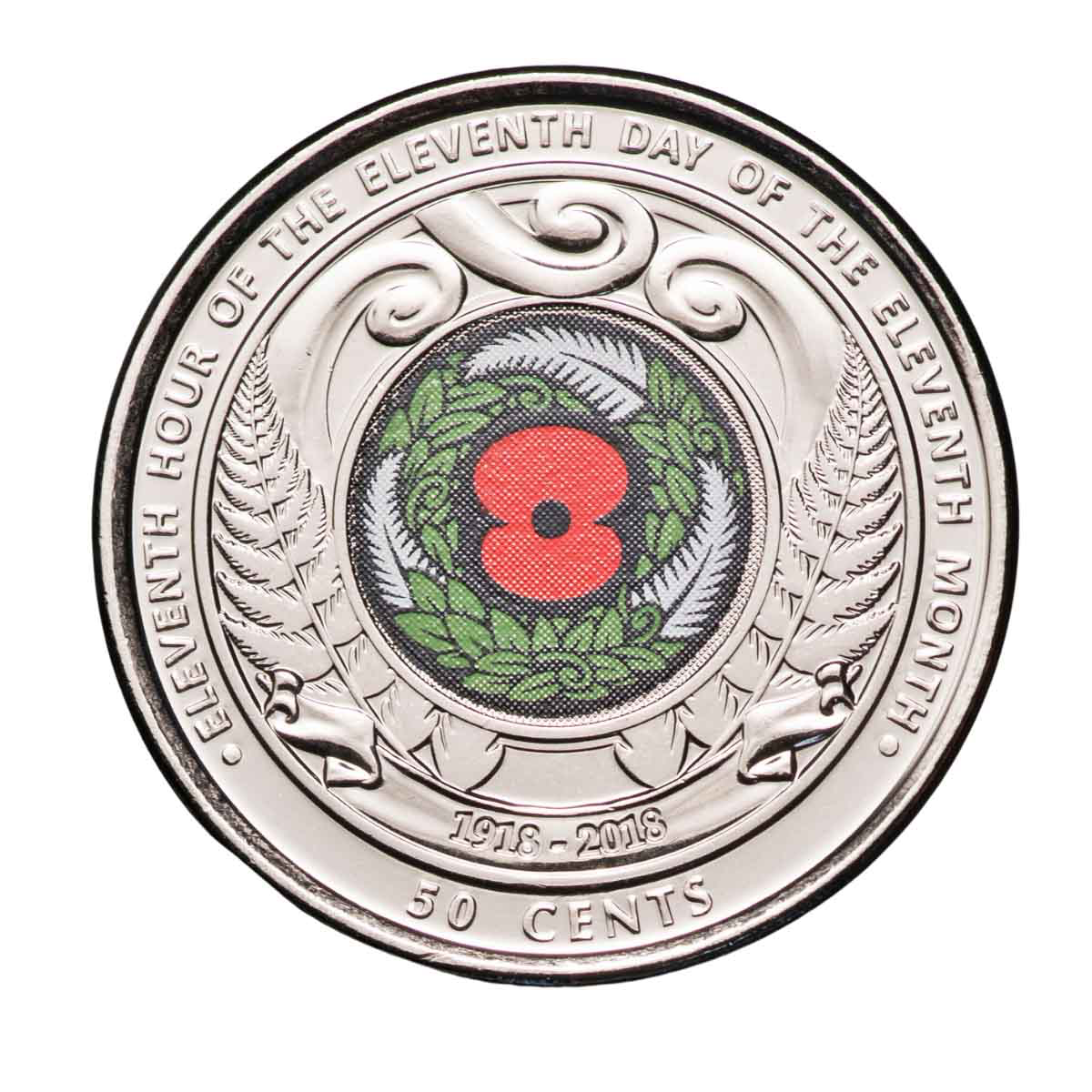 2018 New Zealand 50 Cent - Coloured Coin - Armistice Red Poppy - Uncirculated 50c