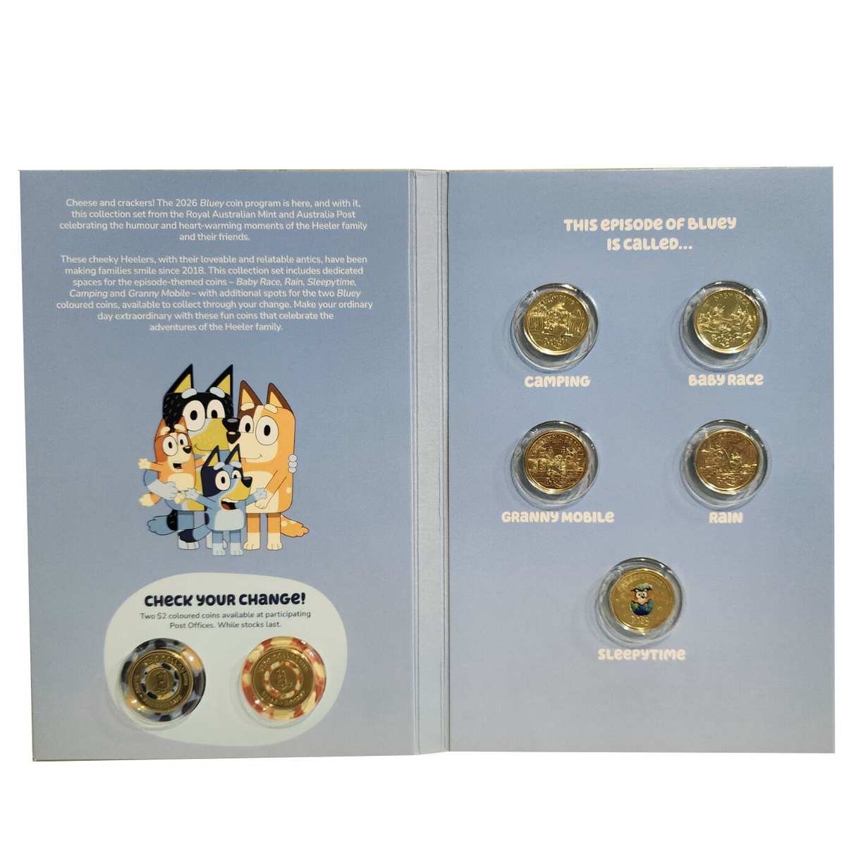 Bluey 2026 $2 Collection 7-Coin set including Coloured Sleepytime $2 and 2 till Coins