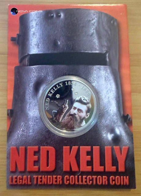 Coin with Ned Kelly design on a red and black background