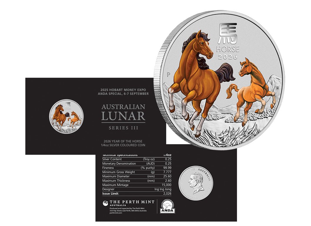 Australian Lunar III 2026 Year of the Horse 1/4oz Silver Coloured Coin in Card - Hobart ANDA Money Expo 25 - Nova Coins