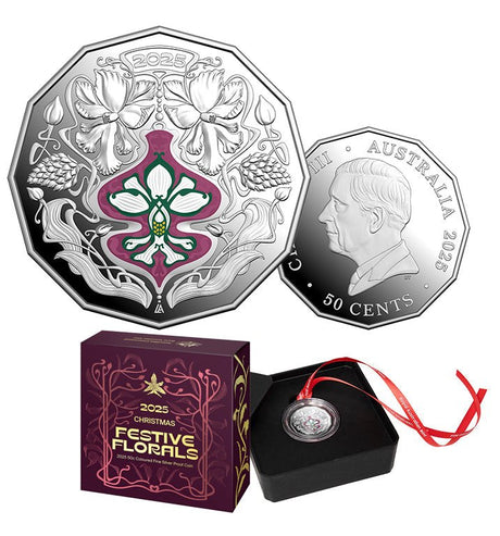 Christmas Festive Florals 2025 50c Coloured Fine Silver Proof Coin - Nova Coins