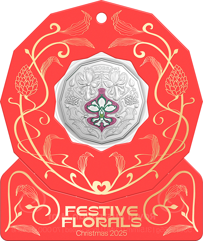 Christmas Festive Florals 2025 50c Coloured Unc Coin Card (Set of 5) - Nova Coins