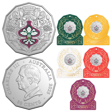 Christmas Festive Florals 2025 50c Coloured Unc Coin Card (Set of 5) - Nova Coins
