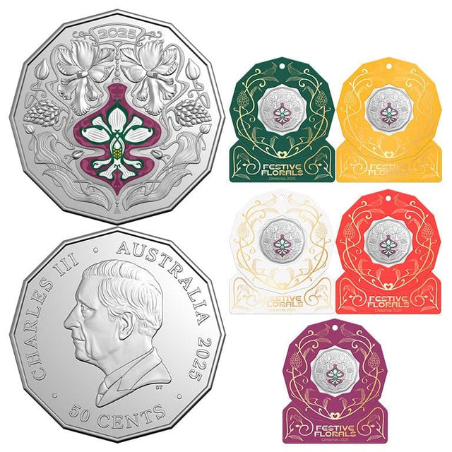 Christmas Festive Florals 2025 50c Coloured Unc Coin Card (Set of 5) - Nova Coins