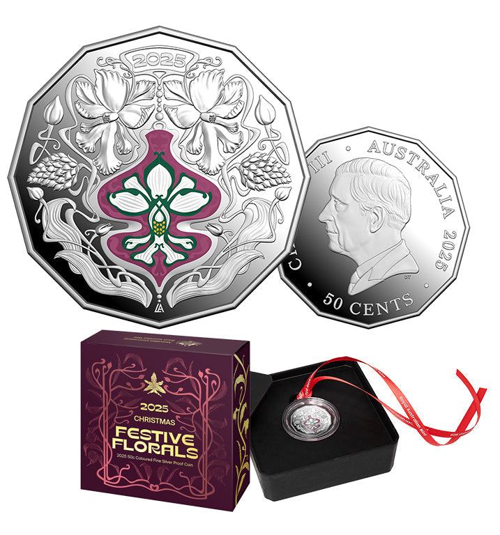 Christmas Festive Florals 2025 50c Coloured Fine Silver Proof Coin