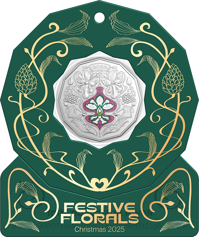 Christmas Festive Florals 2025 50c Coloured Unc Coin Card (Set of 5)