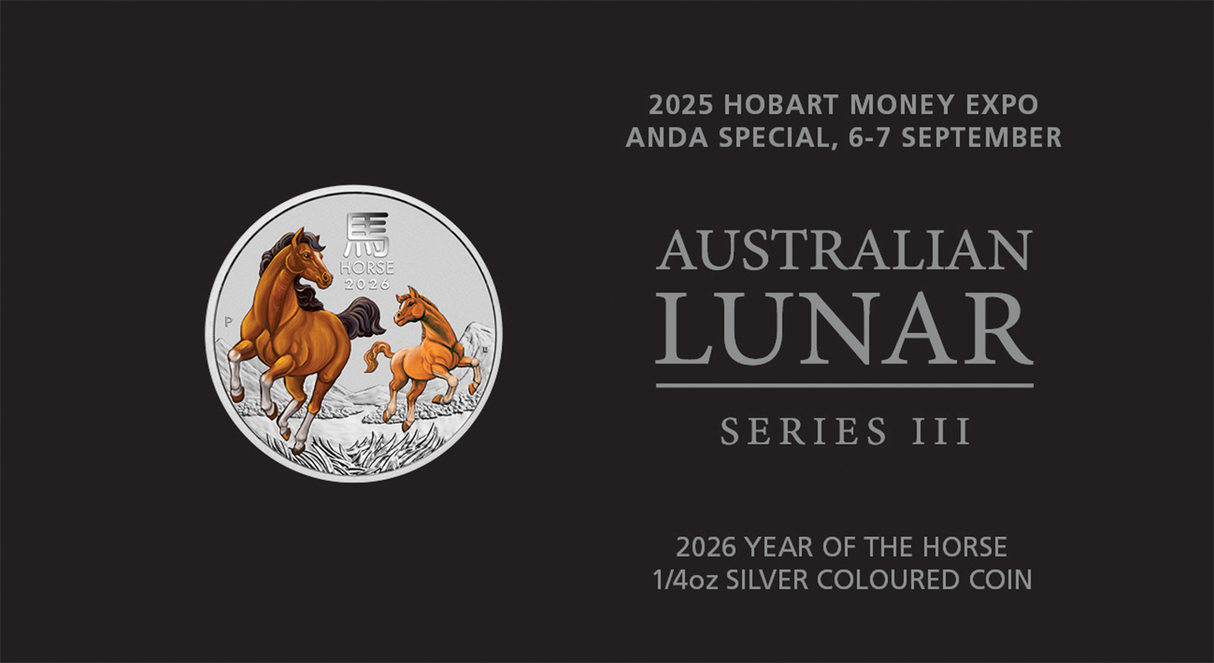 Australian Lunar III 2026 Year of the Horse 1/4oz Silver Coloured Coin in Card - Hobart ANDA Money Expo 25