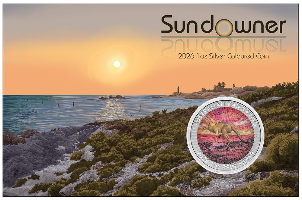 Sundowner Red Kangaroo 2026 $1 1oz Silver Coloured Coin in Card