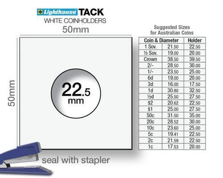 Lighthouse 22.5mm Staple 2×2 Coin Holders - $2 5c 2c Sov Australia - Pack of 100 - Nova Coins