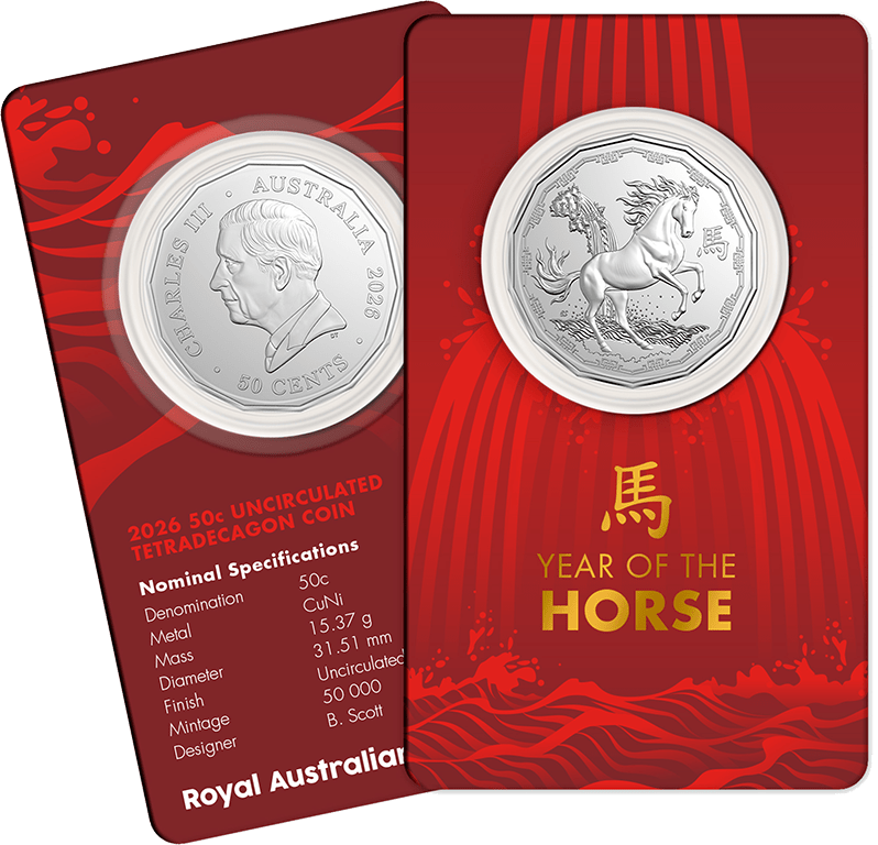Lunar Series Year of the Horse 2026 50c Tetradecagon Unc Coin Card - Nova Coins