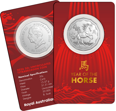 Lunar Series Year of the Horse 2026 50c Tetradecagon Unc Coin Card - Nova Coins