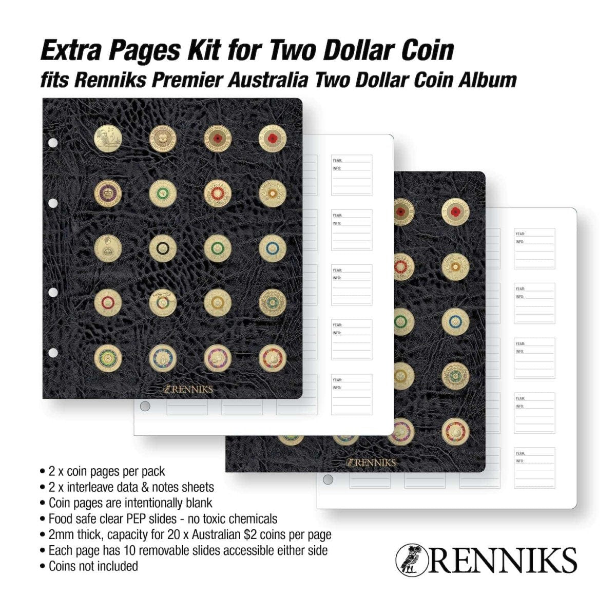 Renniks Premier Coin Album Extra Pages Kit for Two Dollar - Nova Coins