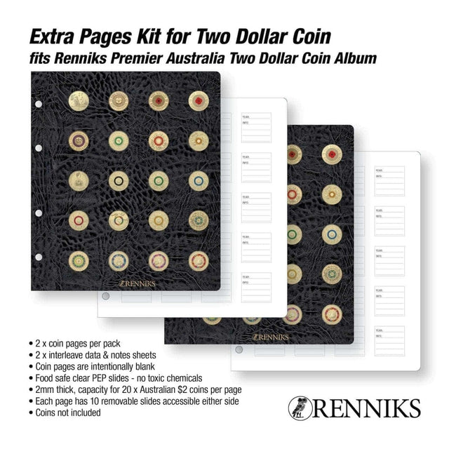 Renniks Premier Coin Album Extra Pages Kit for Two Dollar - Nova Coins