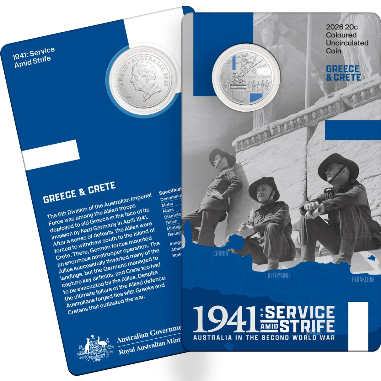 2026 WWII Service Amid Strife 20c Greece & Crete Colour Uncirculated Coin
