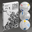 Three silver coins and their packaging with a black and white illustration of soldiers on a dark background.