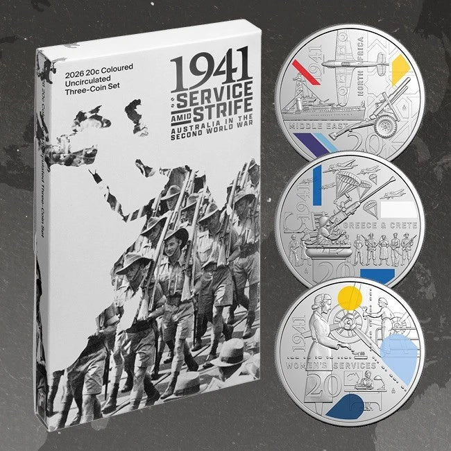 Three silver coins and their packaging with a black and white illustration of soldiers on a dark background.
