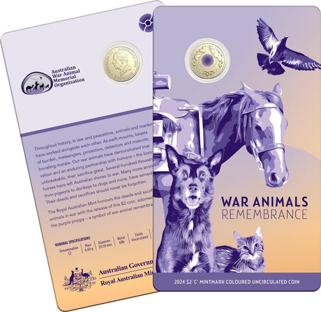 War Animals Remembrance 2024 $2 C Mintmark Coloured Uncirculated Coin - Purple poppy - Nova Coins